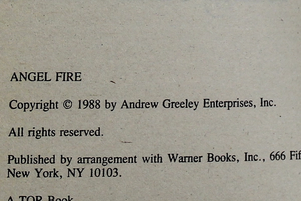Andrew M. Greeley Angel Fire Paperback Novel 1989 Tor Books Good Condition