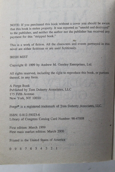 Lot of 2 Andrew M. Greeley Paperbacks: Irish Mist & Irish Lace - Good Cond.