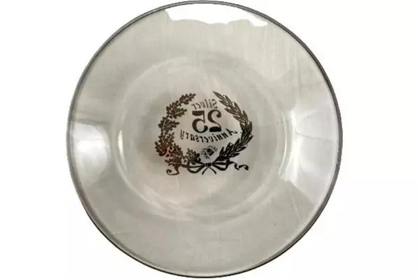 25th Anniversary Clear Glass Plate 8" Embossed Leaves & Bow Bell Collectible
