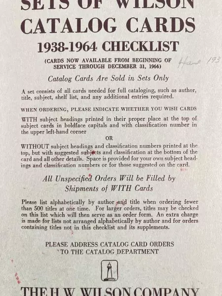Vtg Lot of 2 H.W. Wilson Catalog Cards Books 1938-1964 Checklist