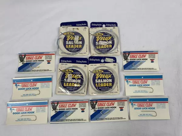 Lot of 4 Les Davis Velux Salmon Leaders & 8 Eagle Claw Hooks - Fishing Gear
