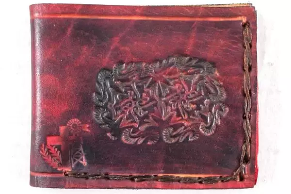 Red Tooled Embossed Leather Bi-Fold Wallet from Argentina - Card Slots