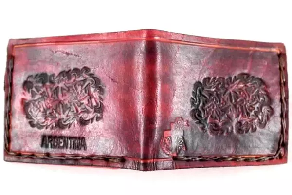 Red Tooled Embossed Leather Bi-Fold Wallet from Argentina - Card Slots