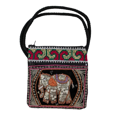 Multicolored India Elephant Applique Quilted Tote Purse with Beading & Sequins