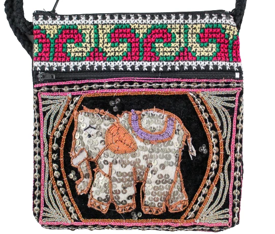 Multicolored India Elephant Applique Quilted Tote Purse with Beading & Sequins