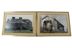 Set of 2 Vintage Photographs Covered Bridge Abandoned Barn Framed and Matted