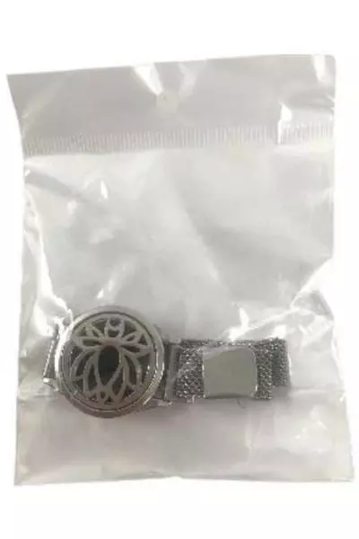 Silver Tone Adjustable Mesh Magnetic Bracelet with Lotus Locket for Photo