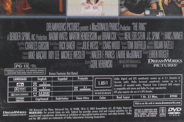 The Ring DVD 2003 Widescreen Horror Film PG-13 DreamWorks