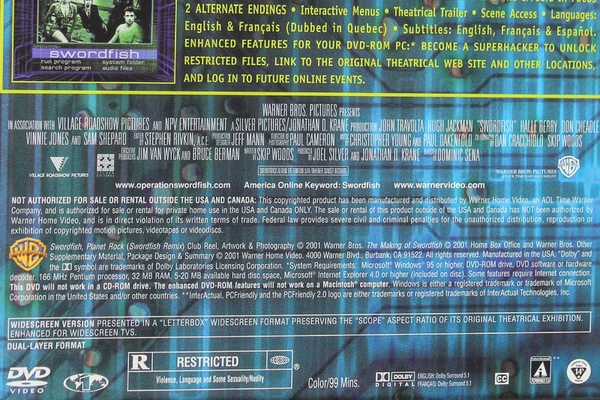 Swordfish DVD R Rated Halle Berry Hugh Jackman Travolta Pre-Owned As-Is