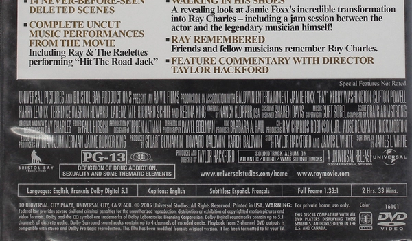 Ray DVD Jamie Foxx Full Screen 2005 Bristol Bay PG-13 Soul Music Pre-Owned