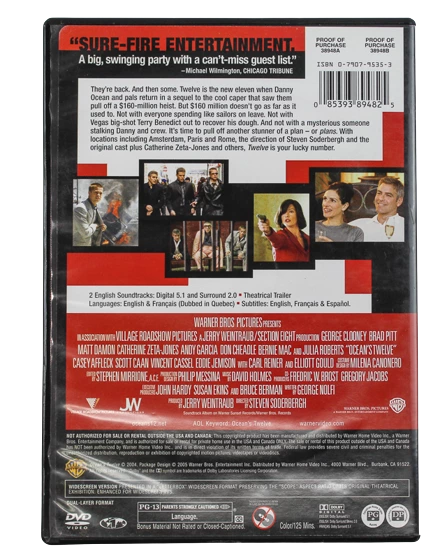 Ocean's Twelve Widescreen DVD 2004 Warner Bros PG-13 Pre-Owned Untested