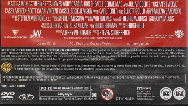 Ocean's Twelve Widescreen DVD 2004 Warner Bros PG-13 Pre-Owned Untested