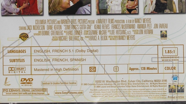 Something's Gotta Give DVD Jack Nicholson Diane Keaton PG-13 Warner Bros.