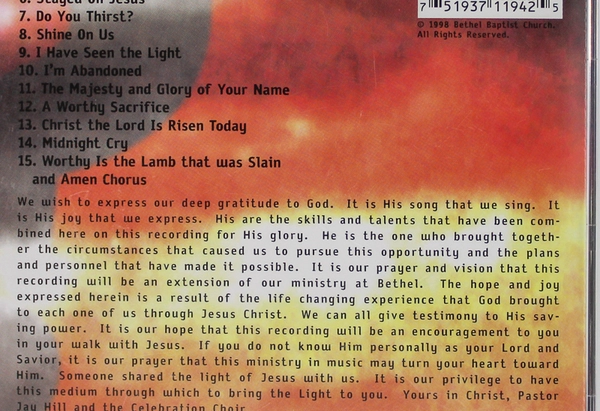 1998 Bethel Baptist Church "Songs of Worship: Who Will Bring the Light" CD