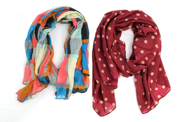 Lot of 2 Women's Scarves - David and Young Plaid & Burgundy Polka Dots