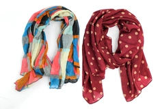 Lot of 2 Women's Scarves - David and Young Plaid & Burgundy Polka Dots