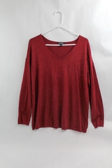 Roz & Ali Burgundy V-Neck Sweater M Beaded Long Sleeve Pre-Owned