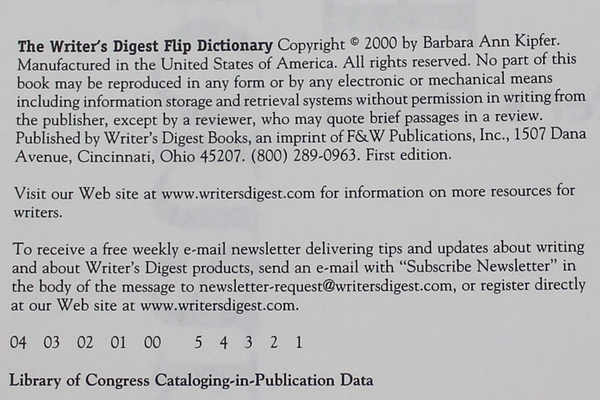Writers Digest Flip Dictionary by Barbara Ann Kipfer 2001 Hardcover Pre-owned