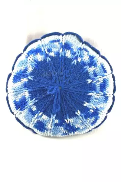 Vintage Blue & White Crocheted Throw Pillow 18" Round - Good Condition