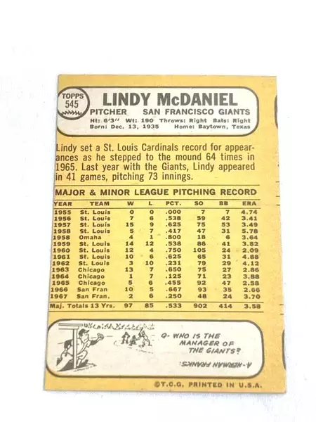 Vintage Topps 1968 Baseball Card #545 Lindy McDaniel Mis-Cut Giants