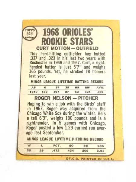 Vtg Topps 1968 Orioles Rookie Stars Mis-Cut Card Curt Motton Roger Nelson
