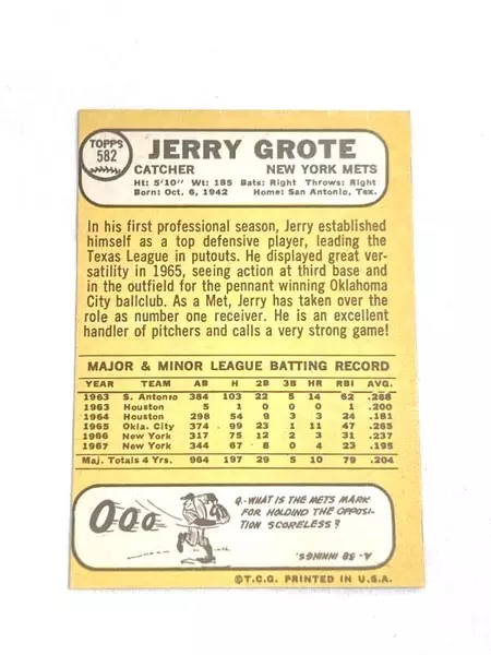 Vintage 1968 Topps Jerry Grote Mis-Cut Baseball Card New York Mets #582