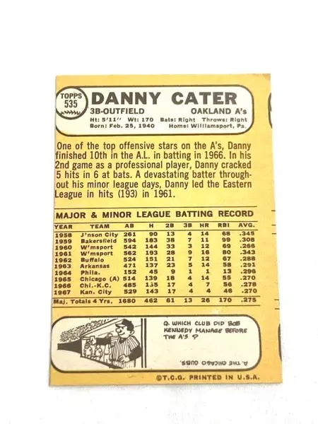 1968 Topps Danny Cater Mis-Cut Baseball Card #535 Oakland A's 3B OF Good Cond
