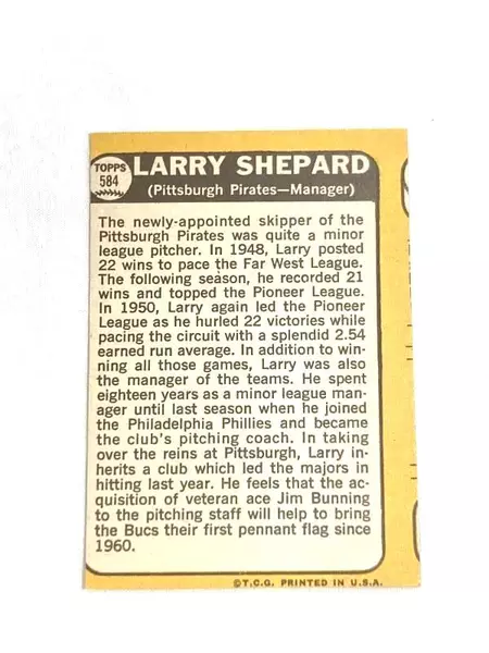 Vtg 1968 Topps #584 Larry Shepard Miscut Baseball Card Pirates Manager