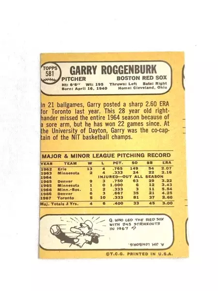 Vtg 1968 Topps Garry Roggenburk Mis-Cut Baseball Card Red Sox #581