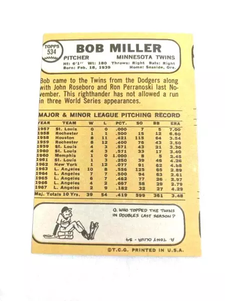 Vintage 1968 Topps 7th Series Baseball Card Miscut Bob Miller Pitcher Twins