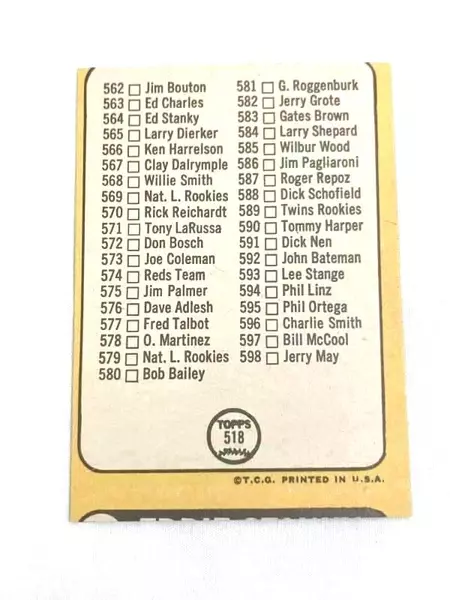 Vintage 1968 Topps 7th Series Baseball Card Miscut #518 Checklist 534-598