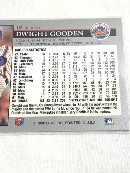 Vintage 1992 Leaf Dwight Gooden Baseball Card #112 New York Mets RHP