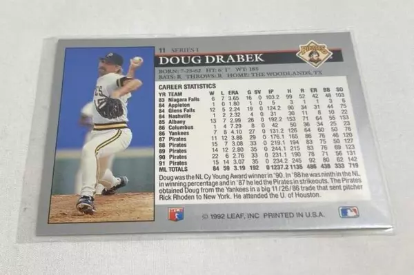 Vintage 1992 Leaf Doug Drabek Baseball Card #11 Pittsburgh Pirates