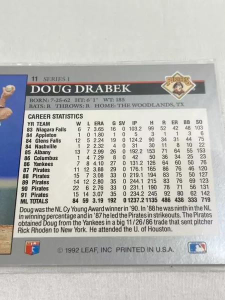 Vintage 1992 Leaf Doug Drabek Baseball Card #11 Pittsburgh Pirates