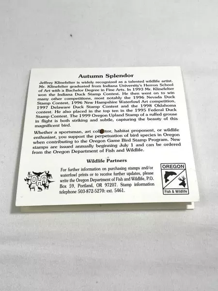 1999 Oregon Upland Game Bird Stamp P021520 Mint Never Hinged Collectible