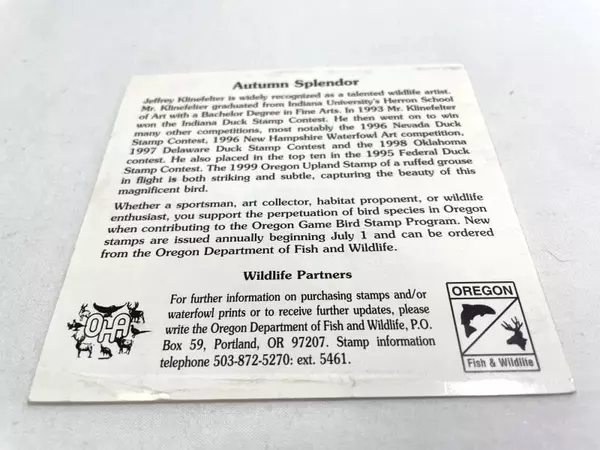 1999 Oregon Upland Game Bird Stamp Mint Never Hinged with Cover Stains