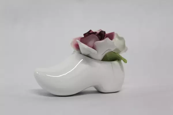 Vintage Aristocrat Bone China Wood Shoe Figurine with Rose Bouquet, Chipped