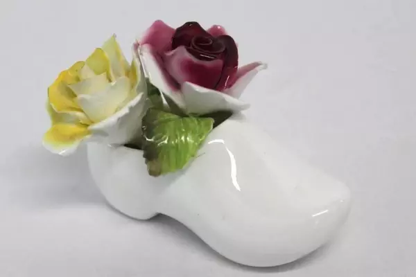 Vintage Aristocrat Bone China Wood Shoe Figurine with Rose Bouquet, Chipped