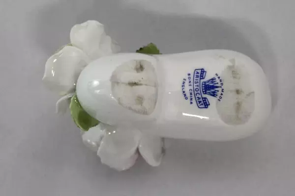 Vintage Aristocrat Bone China Wood Shoe Figurine with Rose Bouquet, Chipped