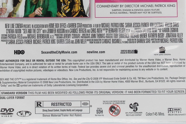 Sex And The City The Movie DVD 2008 NewLine Cinema Pre-Owned