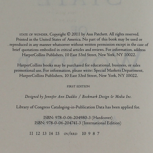 Ann Patchett State of Wonder Hardcover Novel 2011 Pre-Owned Book