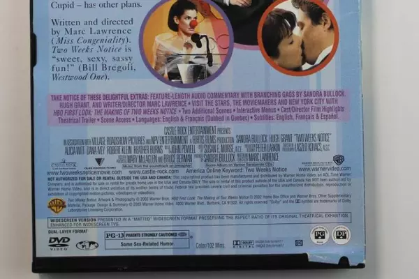 Two Weeks Notice Widescreen DVD 2002 Warner Bros Sandra Bullock Hugh Grant