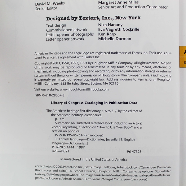 The American Heritage First Dictionary 2003 Houghton Mifflin Hardcover Book