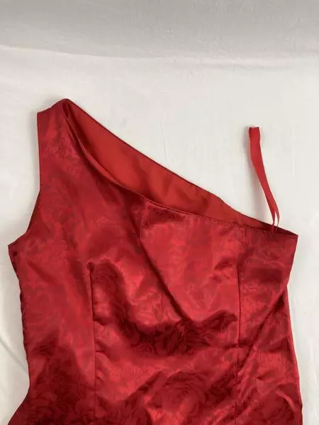 One Shoulder Red Floral Sateen Midi Dress Women's Size 10 - Very Good Condition