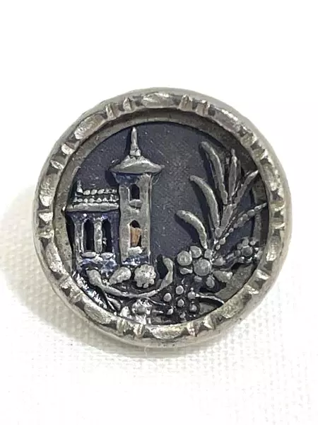 Vintage 0.5" Metal Shank Button with Pagoda & Flowers Scene - Collectible