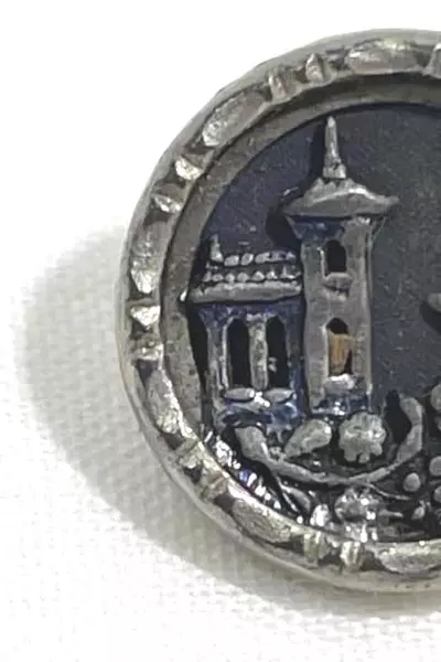 Vintage 0.5" Metal Shank Button with Pagoda & Flowers Scene - Collectible
