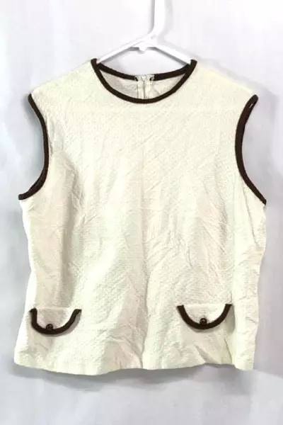 Vtg Beeline Fashions Women's Top Size 20 Sleeveless Cream Brown Trim