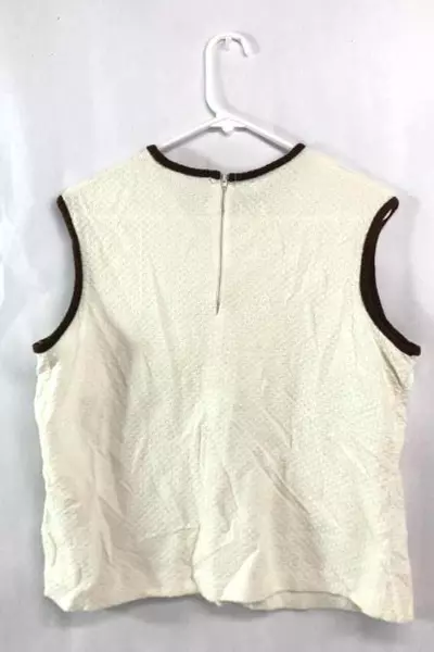 Vtg Beeline Fashions Women's Top Size 20 Sleeveless Cream Brown Trim