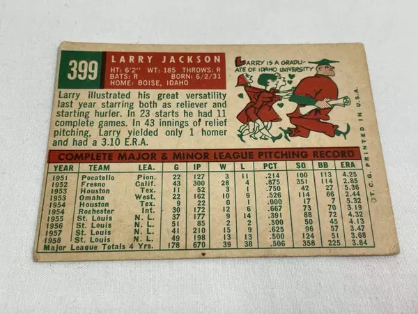 Vintage 1959 Larry Jackson St. Louis Cardinals Baseball Card #399 T.C.G.
