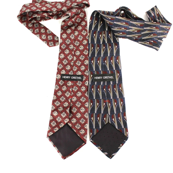 Lot of 2 Henry Grethel Men's Ties - Navy Blue & Brick Red Geometric Designs